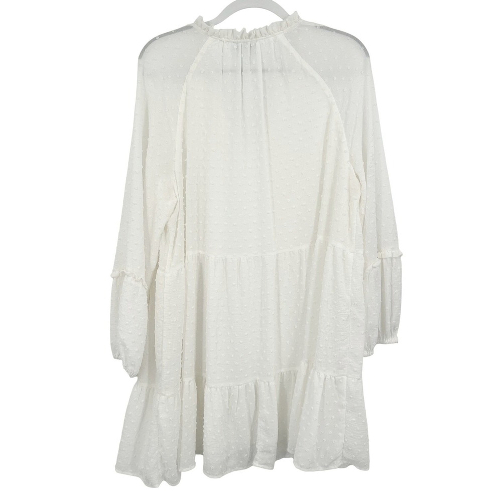 Womens Boho Tiered Mini Dress White Swiss Dot Ruffle Neck XL CeCe - Picture 10 of 10